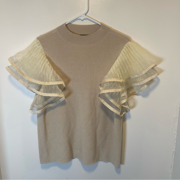 Ashro Tops - Ashro tan shirt with ruffle sleeves women's size XL